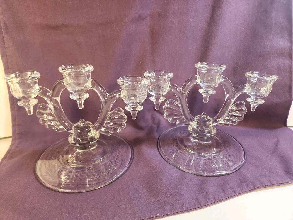 New Martinsville glass pair of candle holders 5 x 7" three lights